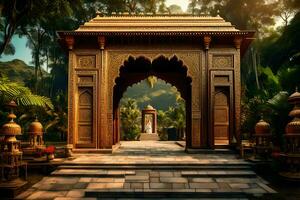 un fleuri entrée à une temple dans le jungle. généré par ai photo