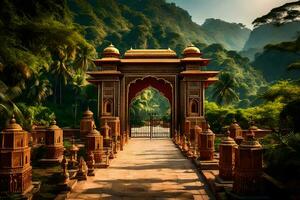 un Indien temple dans le jungle avec une portail. généré par ai photo