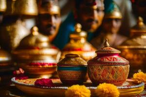 Indien mariage la cérémonie avec or et rouge décorations. généré par ai photo