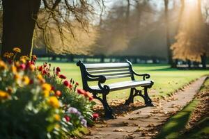 une banc est assis dans le milieu de une parc avec fleurs. généré par ai photo