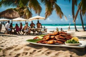 une assiette de crevette sur le plage avec gens dans le Contexte. généré par ai photo