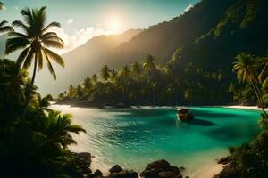 tropical île avec paume des arbres et une bateau sur le l'eau. généré par ai photo