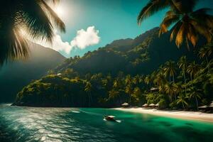 une tropical plage avec paume des arbres et une bateau. généré par ai photo