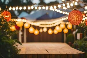 une en bois passerelle avec chaîne lumières et lanternes. généré par ai photo