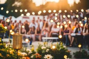 une groupe de gens séance dans une champ avec bougies. généré par ai photo