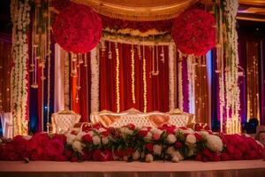 un Indien mariage la cérémonie avec rouge et rose fleurs. généré par ai photo