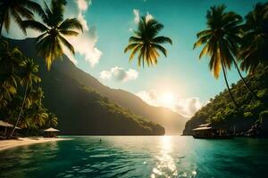 une tropical plage avec paume des arbres et montagnes. généré par ai photo