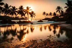 le Soleil ensembles plus de le océan et paume des arbres sur une plage. généré par ai photo