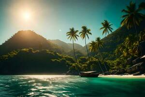 une bateau sur le plage dans le tropical île. généré par ai photo