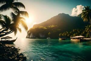 tropical île avec paume des arbres et bateaux. généré par ai photo