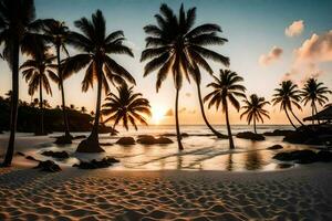 paume des arbres sur le plage à le coucher du soleil. généré par ai photo