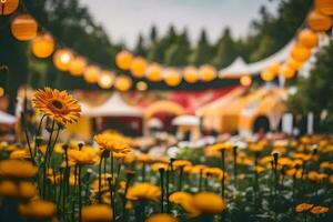 Jaune fleurs dans une champ avec une tente dans le Contexte. généré par ai photo