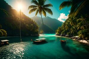 le Soleil brille sur une tropical île avec paume des arbres et bateaux. généré par ai photo