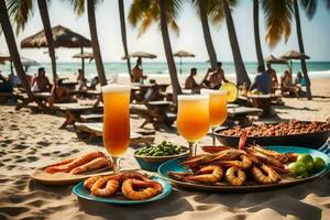 une table avec crevette, Bière et les boissons sur le plage. généré par ai photo