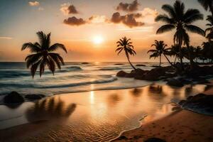 le Soleil ensembles sur le plage avec paume des arbres. généré par ai photo