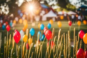 coloré des ballons dans le herbe à une festival. généré par ai photo