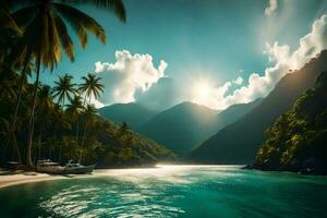 le Soleil brille plus de une tropical plage et paume des arbres. généré par ai photo