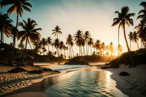 le Soleil ensembles sur une tropical plage dans dominique. généré par ai photo