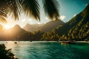 le Soleil brille plus de une tropical plage avec paume des arbres. généré par ai photo