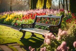 une banc est assis dans de face de une jardin avec fleurs. généré par ai photo