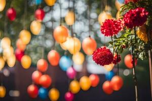 coloré des ballons pendaison de une arbre. généré par ai photo