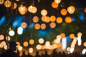 gens sont permanent en dessous de une groupe de pendaison lumières. généré par ai photo