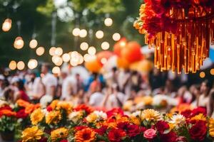 une grand groupe de gens à une fête avec fleurs. généré par ai photo