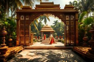 une homme dans une rouge peignoir permanent dans de face de une temple. généré par ai photo