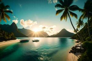 le Soleil ensembles plus de une tropical plage avec paume des arbres et bateaux. généré par ai photo