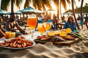 une table avec crevette, les boissons et nourriture sur le plage. généré par ai photo