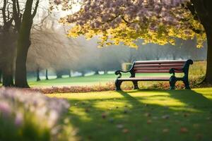 une parc banc dans le Soleil. généré par ai photo