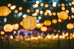 papier lanternes dans le herbe à nuit. généré par ai photo