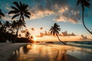 paume des arbres sur une plage à le coucher du soleil. généré par ai photo