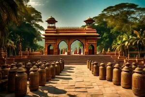 un Indien temple avec beaucoup des vases et piliers. généré par ai photo