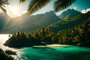 tropical île avec paume des arbres et une bateau. généré par ai photo