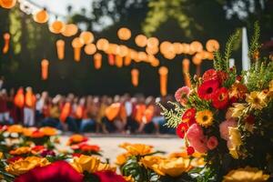 fleurs dans une vase avec Orange et Jaune lanternes. généré par ai photo