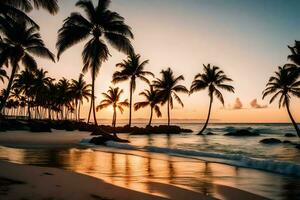 paume des arbres sur le plage à le coucher du soleil. généré par ai photo