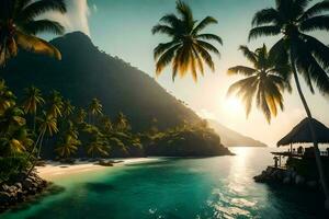 une tropical plage avec paume des arbres et une cabane. généré par ai photo