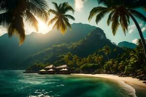 une tropical plage avec paume des arbres et une cabane. généré par ai photo