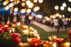 fleurs et bougies sont arrangé dans une champ à nuit. généré par ai photo