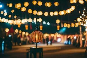 une rue avec une lampe et une lot de lumières. généré par ai photo