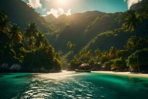 tropical île avec paume des arbres et une bateau dans le l'eau. généré par ai photo