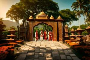 une groupe de gens permanent dans de face de un entrée à un Indien temple. généré par ai photo