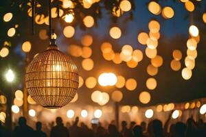 une éclairé pendaison lanterne dans le milieu de une foule. généré par ai photo