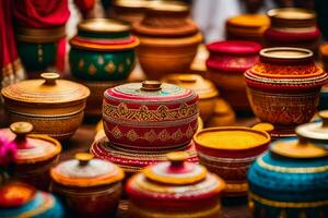 coloré des pots et boules sont affiché sur une tableau. généré par ai photo