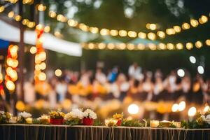 une table avec bougies et fleurs dans de face de une foule. généré par ai photo