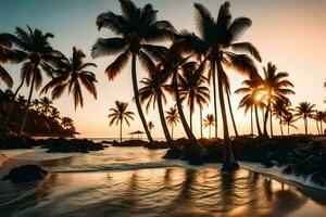 paume des arbres sur le plage à le coucher du soleil. généré par ai photo