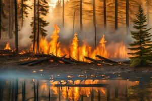 une forêt Feu est brûlant dans le milieu de une lac. généré par ai photo