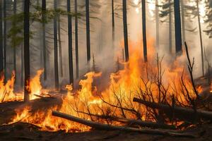 une forêt Feu est brûlant dans le milieu de une forêt. généré par ai photo