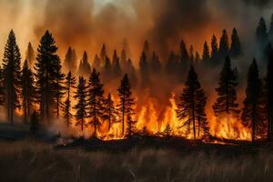 une forêt Feu dans le milieu de une champ. généré par ai photo